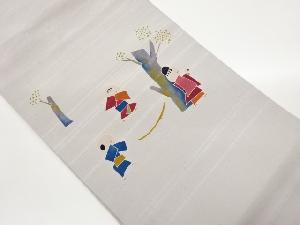 手織り紬童子に遊び風景模様名古屋帯